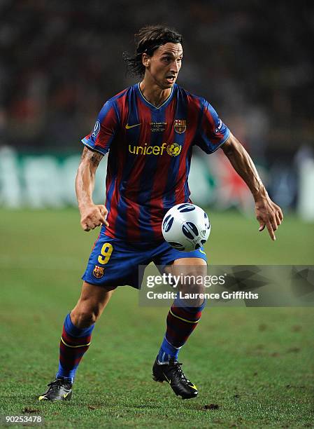 Zlatan Ibrahimovic of Barcelona in action during the UEFA Super Cup Final between FC Barcelona and Shakhtar Donetsk at The Stade Louis II Stadium on...