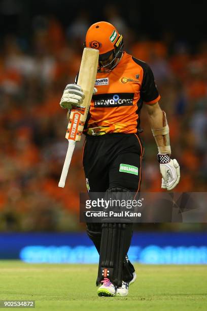 Michael Klinger of the Scorchers walks from the field after being dismissed during the Big Bash League match between the Perth Scorchers and the...