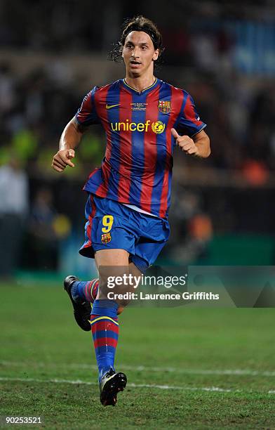 Zlatan Ibrahimovic of Barcelona in action during the UEFA Super Cup Final between FC Barcelona and Shakhtar Donetsk at The Stade Louis II Stadium on...