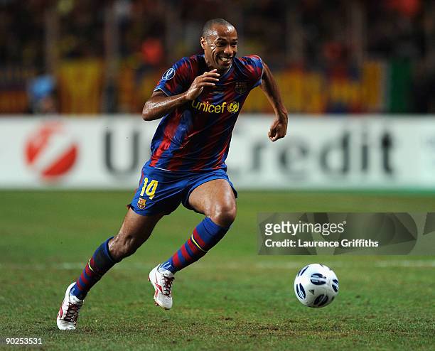 Thierry Henry of Barcelona in action during the UEFA Super Cup Final between FC Barcelona and Shakhtar Donetsk at The Stade Louis II Stadium on...
