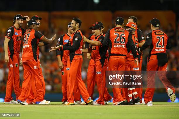 Mohammad Nabi of the Renegades celebrates the wicket of Michael Klinger of the Scorchers during the Big Bash League match between the Perth Scorchers...