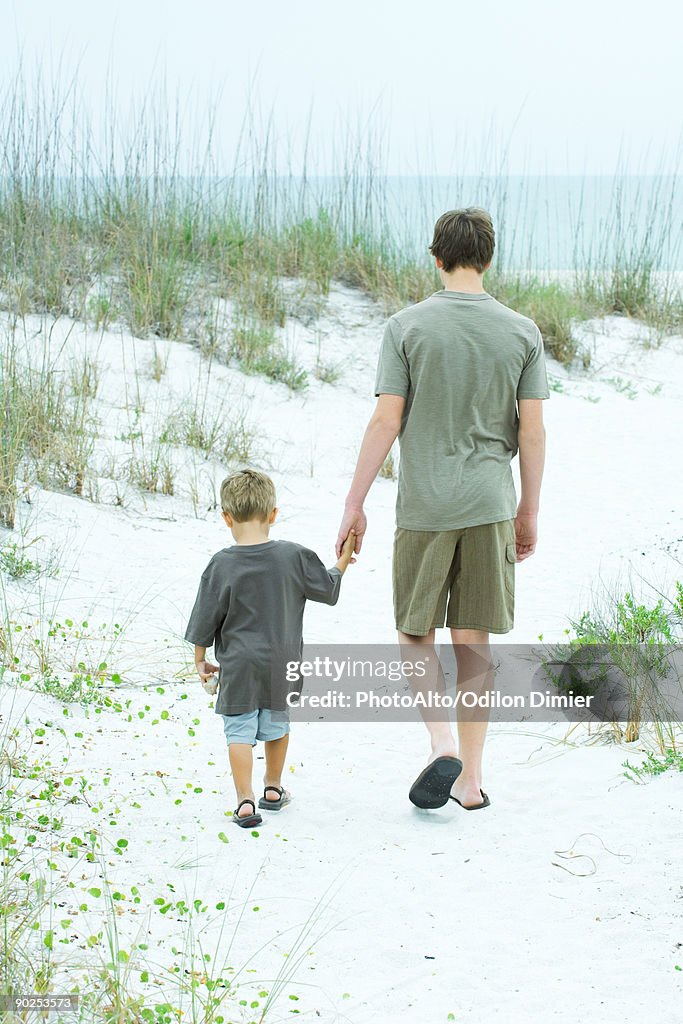 Teenage boy and little brother walking beach, holding hands, rear view