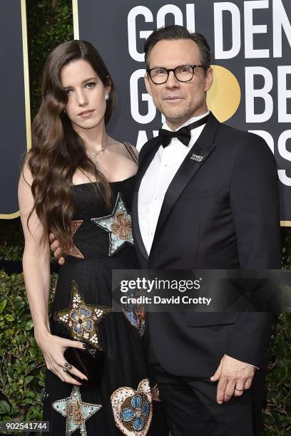 Brittany Lopez and Christian Slater attend the 75th Annual Golden Globe Awards - Arrivals at The Beverly Hilton Hotel on January 7, 2018 in Beverly...