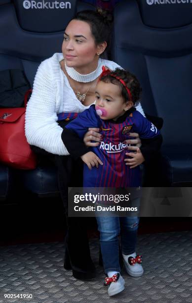 Aine Coutinho, wife of Philippe Coutinho and Maria Coutinho, child of Philippe Coutinho are seen at Camp Nou on January 8, 2018 in Barcelona, Spain....