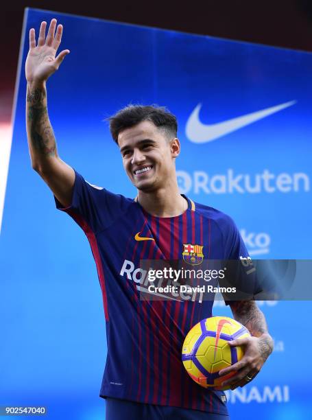 New Barcelona signing Philippe Coutinho is unveiled at Camp Nou on January 8, 2018 in Barcelona, Spain. The Brazilian player signed from Liverpool,...