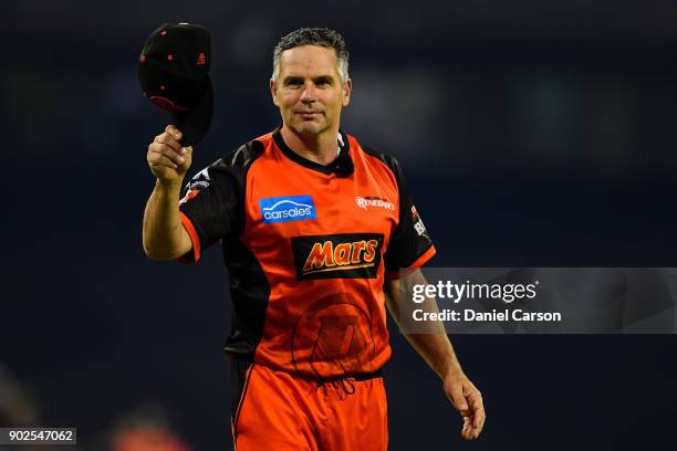 Brad Hodge of the Melbourne Renegades reacts to the Scorcher fans during the Big Bash League match between the Perth Scorchers and the Melbourne...