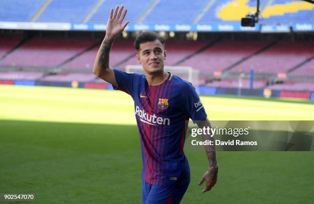 New Barcelona signing Philippe Coutinho is unveiled at Camp Nou on January 8, 2018 in Barcelona, Spain. The Brazilian player signed from Liverpool,...