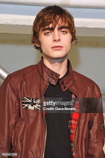 Lennon Gallagher models at the Belstaff presentation during London Fashion Week Men's January 2018 at The Vinyl Factory Gallery on January 8, 2018 in...
