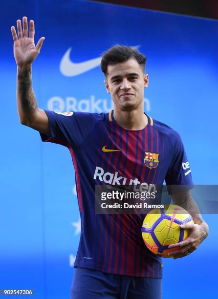 New Barcelona signing Philippe Coutinho is unveiled at Camp Nou on January 8, 2018 in Barcelona, Spain. The Brazilian player signed from Liverpool,...
