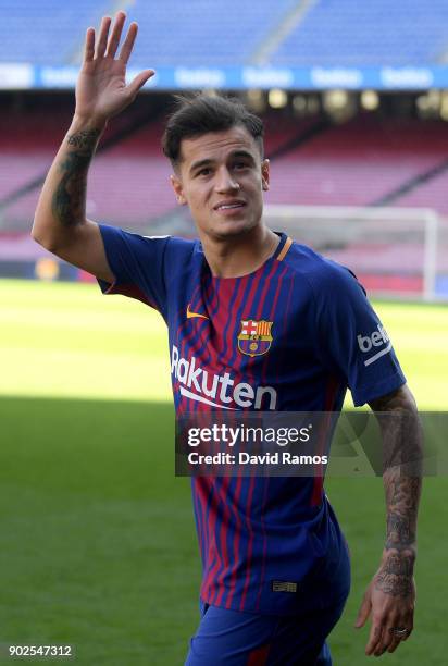 New Barcelona signing Philippe Coutinho is unveiled at Camp Nou on January 8, 2018 in Barcelona, Spain. The Brazilian player signed from Liverpool,...