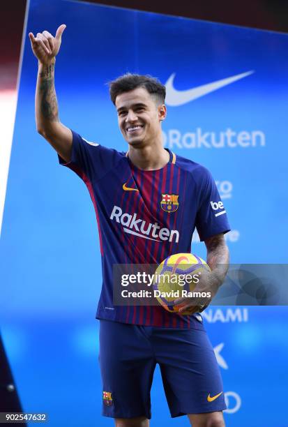 New Barcelona signing Philippe Coutinho is unveiled at Camp Nou on January 8, 2018 in Barcelona, Spain. The Brazilian player signed from Liverpool,...