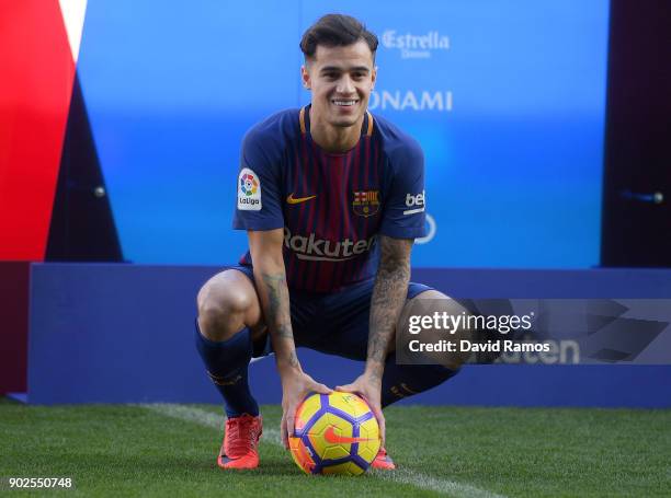 New Barcelona signing Philippe Coutinho is unveiled at Camp Nou on January 8, 2018 in Barcelona, Spain. The Brazilian player signed from Liverpool,...