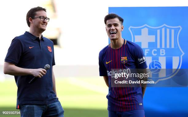 New Barcelona signing Philippe Coutinho is interivewed on the pitch as he is unveiled at Camp Nou on January 8, 2018 in Barcelona, Spain. The...