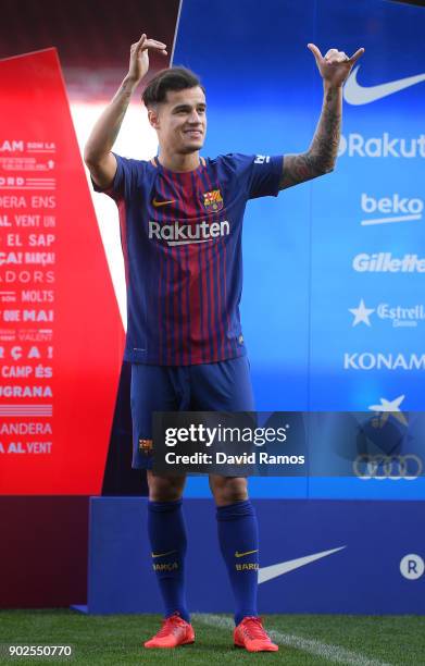 New Barcelona signing Philippe Coutinho is unveiled at Camp Nou on January 8, 2018 in Barcelona, Spain. The Brazilian player signed from Liverpool,...