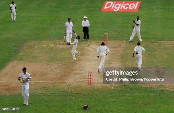 England batsman Kevin Pietersen walks off after being caught on 97 by West indies wicketkeeper Denesh Ramdin off the bowling of Sulieman Benn during...