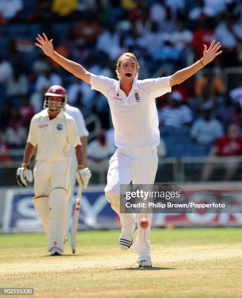 England bowler Stuart Broad celebrates the wicket of West Indies batsman Xavier Marshall during the 1st Test match between West Indies and England at...