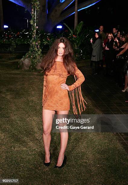 Model wears designs by "Love Chile"during the "Night of the Butterfly" charity fashion parade and party hosted by Faye Delanty's Love Chile brand in...