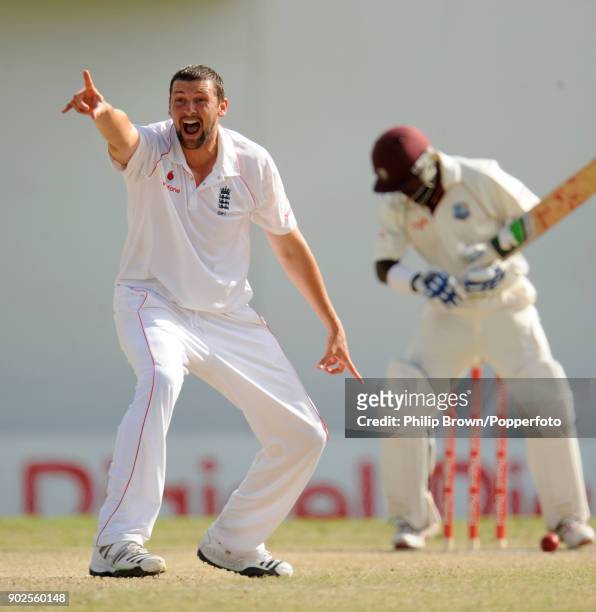 England bowler Steve Harmison appeals successfully for the wicket of West Indies batsman Devon Smith during the 3rd Test match between West Indies...