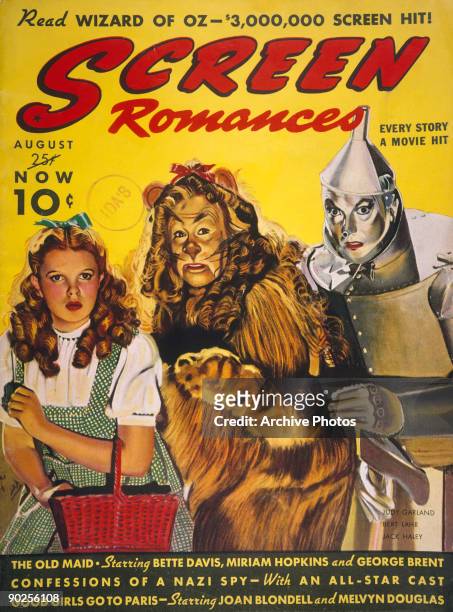 The cover of 'Screen Romances' magazine, which contains a feature on the MGM film 'The Wizard of Oz', August 1939. The cover depicts actors Judy...