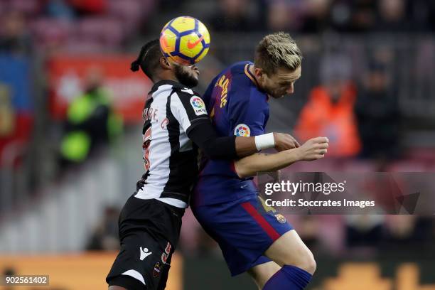 Cheick Doukoure of Levante, Ivan Rakitic of FC Barcelona during the La Liga Santander match between FC Barcelona v Levante at the Camp Nou on January...