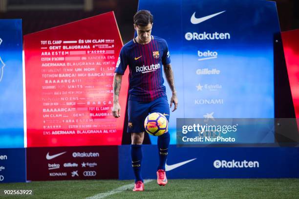 Philippe Coutinho during his official presentation after signing his new contract for 160 million euros till 2022 at Camp Nou Stadium in Barcelona on...