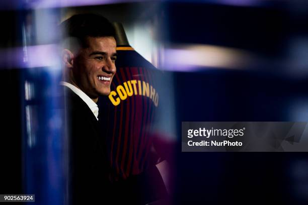 Philippe Coutinho during his official presentation after signing his new contract for 160 million euros till 2022 at Camp Nou Stadium in Barcelona on...
