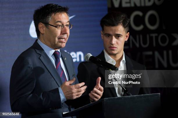 Philippe Coutinho during his official presentation after signing his new contract for 160 million euros till 2022 at Camp Nou Stadium in Barcelona on...