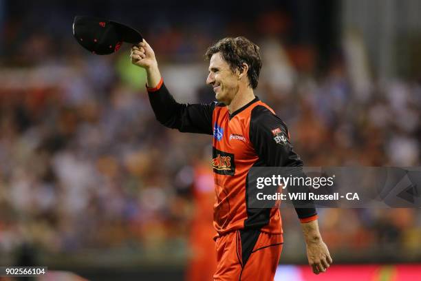 Brad Hogg of the Renegades acknowledges the crowd during the Big Bash League match between the Perth Scorchers and the Melbourne Renegades at WACA on...