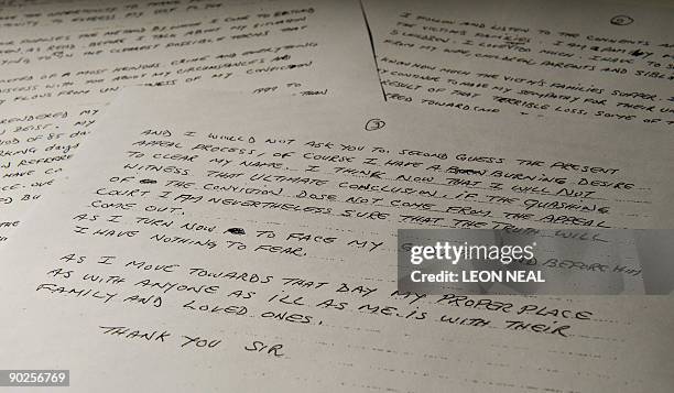 Print of a hand-written note by convicted Lockerbie bomber Abdelbaset Ali Mohmet al-Megrahi is pictured in London, after a series of communications...