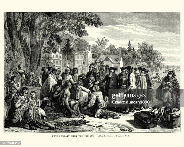 william penn's treaty with the native americans - delaware bay stock illustrations