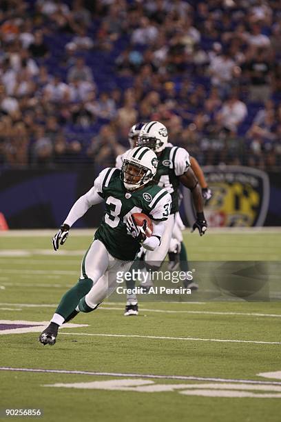 Cornerback Marquice Cole of the New York Jets has an interception against the Baltimore Ravens in a preseason game at M&T Bank Stadium on August 24,...