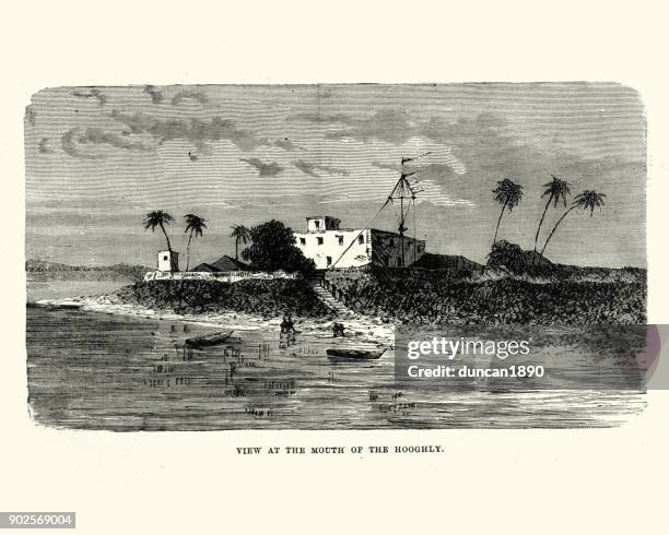 view at the mouth of the hooghly river, 19th century - hooghly river stock illustrations