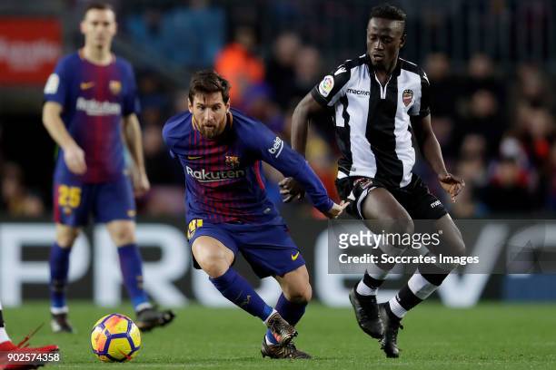Lionel Messi of FC Barcelona, Emmanuel Boateng of Levante during the La Liga Santander match between FC Barcelona v Levante at the Camp Nou on...