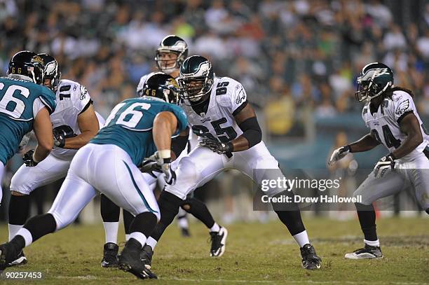 Tackle King Dunlap of the Philadelphia Eagles blocks during the game against the Jacksonville Jaguars on August 27, 2009 at Lincoln Financial Field...