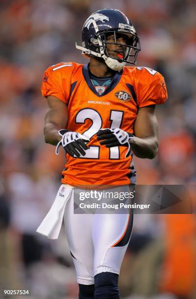 Cornerback Andre Goodman of the Denver Broncos awaits action against the Chicago Bears during preseason NFL action at INVESCO Field at Mile High on...