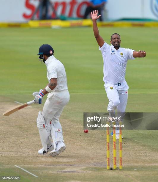 Vernon Philander of South Africa celebrates after dismissing Virat Kohli of India lbw during day 4 of the 1st Sunfoil Test match between South Africa...