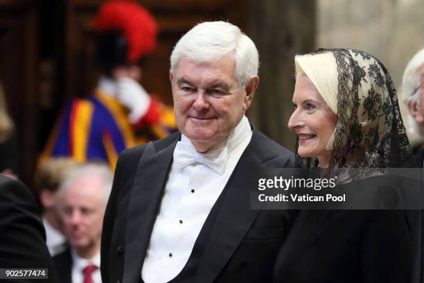 Ambassador to the Holy See Callista Gingrich and her husband Newt Gingrich attend Pope Francis' State Of The World Address to accredited ambassadors...