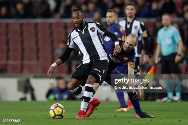 Cheick Doukoure of Levante, Andries Iniesta of FC Barcelona during the La Liga Santander match between FC Barcelona v Levante at the Camp Nou on...