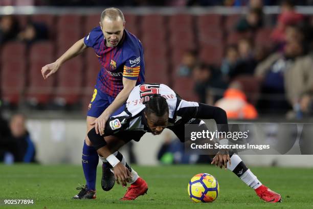 Andries Iniesta of FC Barcelona, Cheick Doukoure of Levante during the La Liga Santander match between FC Barcelona v Levante at the Camp Nou on...