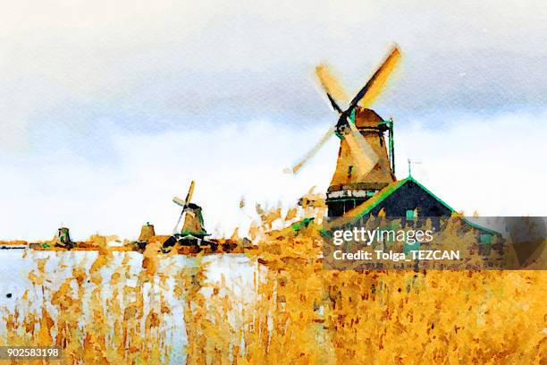 windmills - zaanse schans stock illustrations