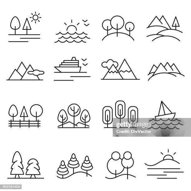 ilustraciones, imágenes clip art, dibujos animados e iconos de stock de conjunto de iconos de paisaje - mountain