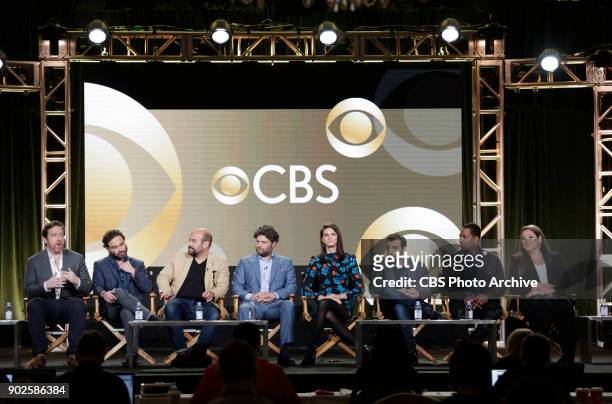 The cast and Executive Producers of the CBS series LIVING BIBLICALLY at the TCA Winter Press Tour 2018 on Monday January 6, 2018 at the Langham...