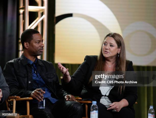 The cast and Executive Producers of the CBS series LIVING BIBLICALLY at the TCA Winter Press Tour 2018 on Monday January 6, 2018 at the Langham...