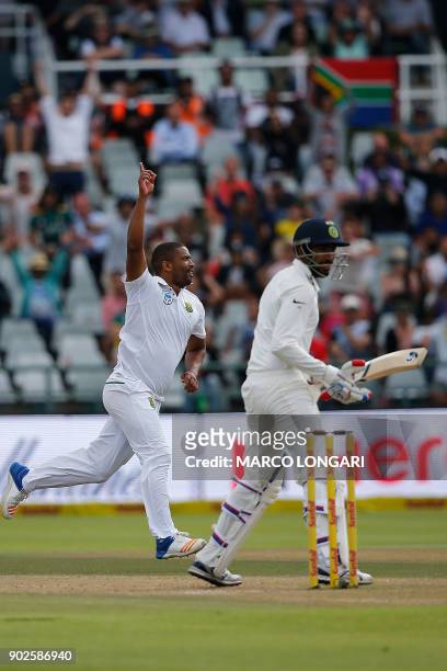 South Africa bowler Vernon Philander celebrates dismissing India batsman Jasprit Bumrah and winning the match by 72 runs during day four of the First...