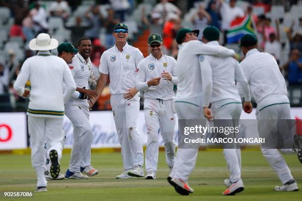 South Africa bowler Vernon Philander celebrates dismissing India batsman Jasprit Bumrah and winning the match by 72 runs during day four of the First...