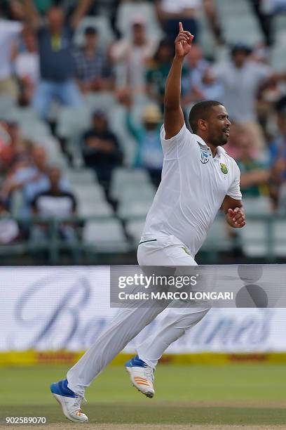 South Africa bowler Vernon Philander celebrates dismissing India batsman Jasprit Bumrah and winning the match by 72 runs during day four of the First...