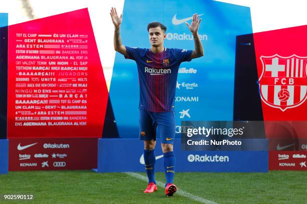 New Barcelona signing Philippe Coutinho is unveiled at Camp Nou on January 8, 2018 in Barcelona, Spain. The Brazilian player signed from Liverpool,...