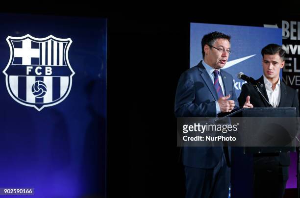 New Barcelona signing Philippe Coutinho and Josep Maria Bartomeu, President of Barcelona at Camp Nou on January 8, 2018 in Barcelona, Spain. The...