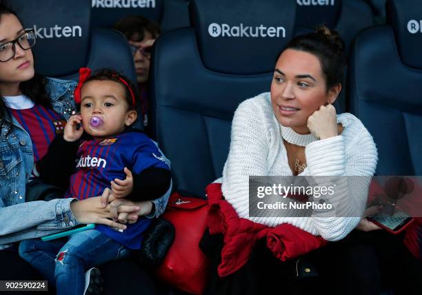 Aine Coutinho, wife of Philippe Coutinho and Maria Coutinho, child of Philippe Coutinho are seen at Camp Nou on January 8, 2018 in Barcelona, Spain....