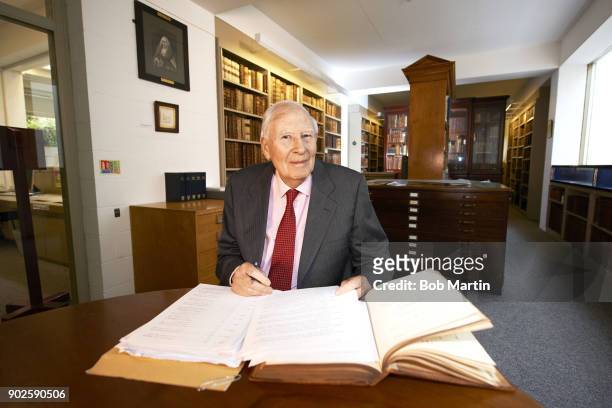 Where Are They Now: Portrait of former world record miler Sir Roger Bannister during photo shoot at Pembroke College of the University of Oxford....